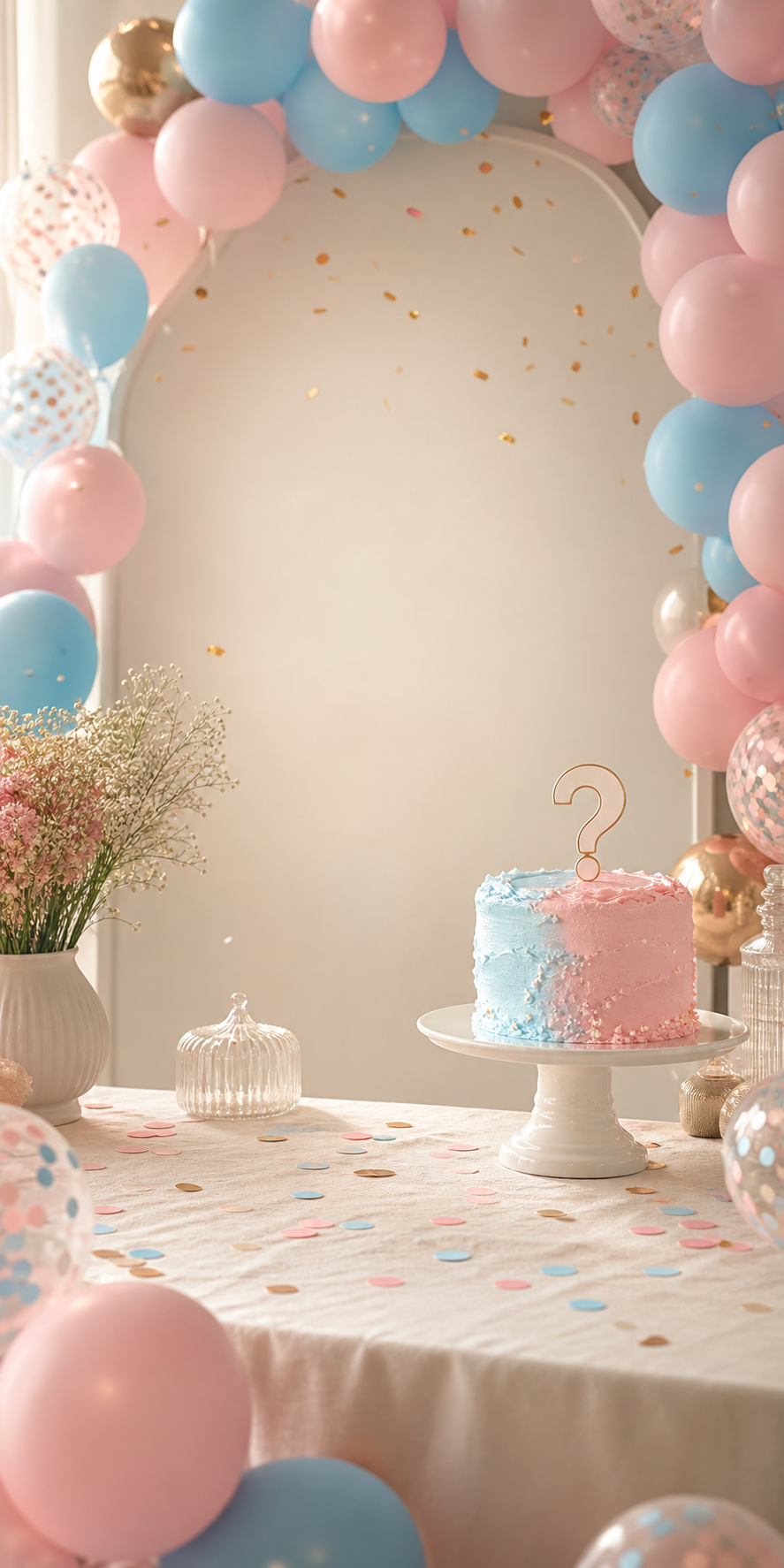 Pastel pembe ve mavi balonlarla hazırlanmış cinsiyet partisi masası
